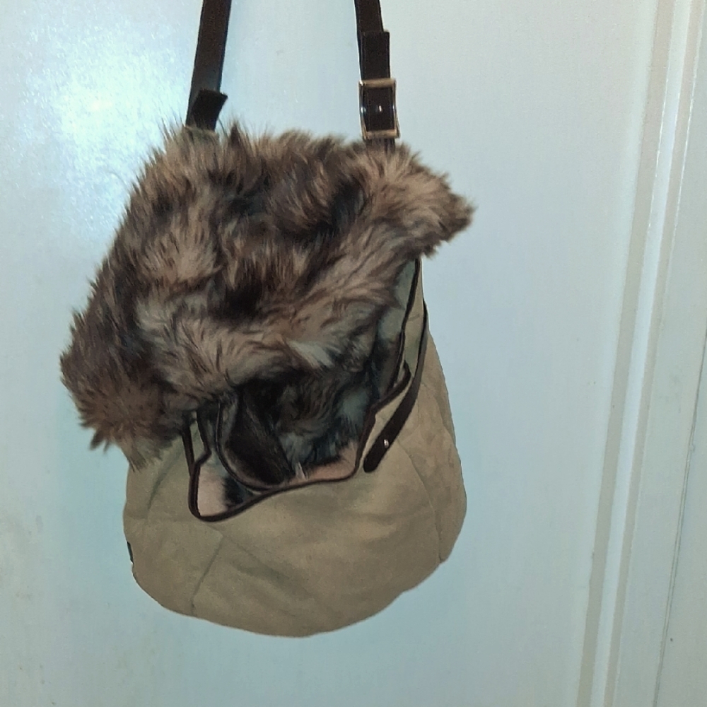Ralph Lauren Vintage Shearling Fur Trimmed Tan Shoulder Bag With Brown Accents